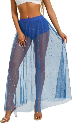 Women Tulle Tutu Long Skirts Wedding Party Cocktail 2 in 1 Galaxy Sheer Mesh Sparkly High Waist Prom Maxi Skirt