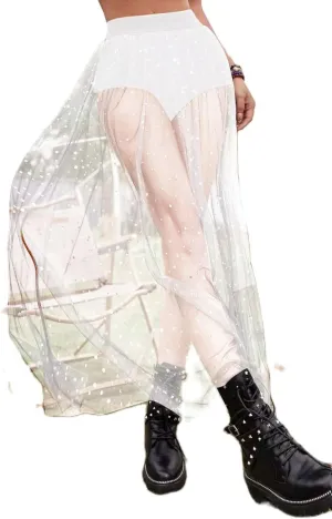 Women Tulle Tutu Long Skirts Wedding Party Cocktail 2 in 1 Galaxy Sheer Mesh Sparkly High Waist Prom Maxi Skirt