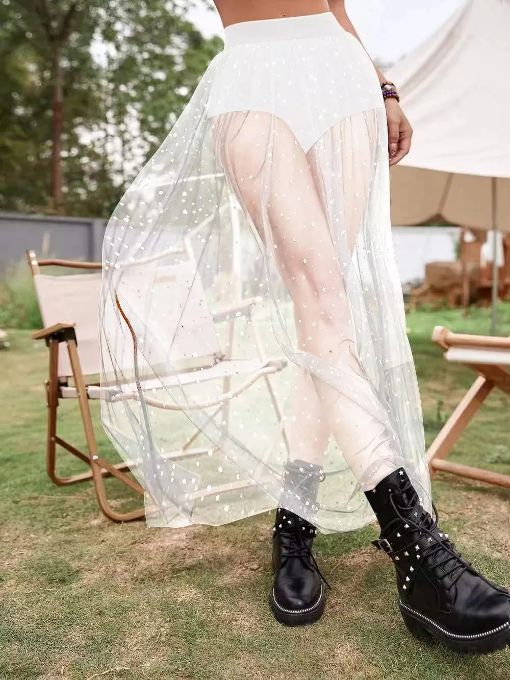 Women Tulle Tutu Long Skirts Wedding Party Cocktail 2 in 1 Galaxy Sheer Mesh Sparkly High Waist Prom Maxi Skirt