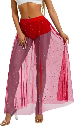 Women Tulle Tutu Long Skirts Wedding Party Cocktail 2 in 1 Galaxy Sheer Mesh Sparkly High Waist Prom Maxi Skirt