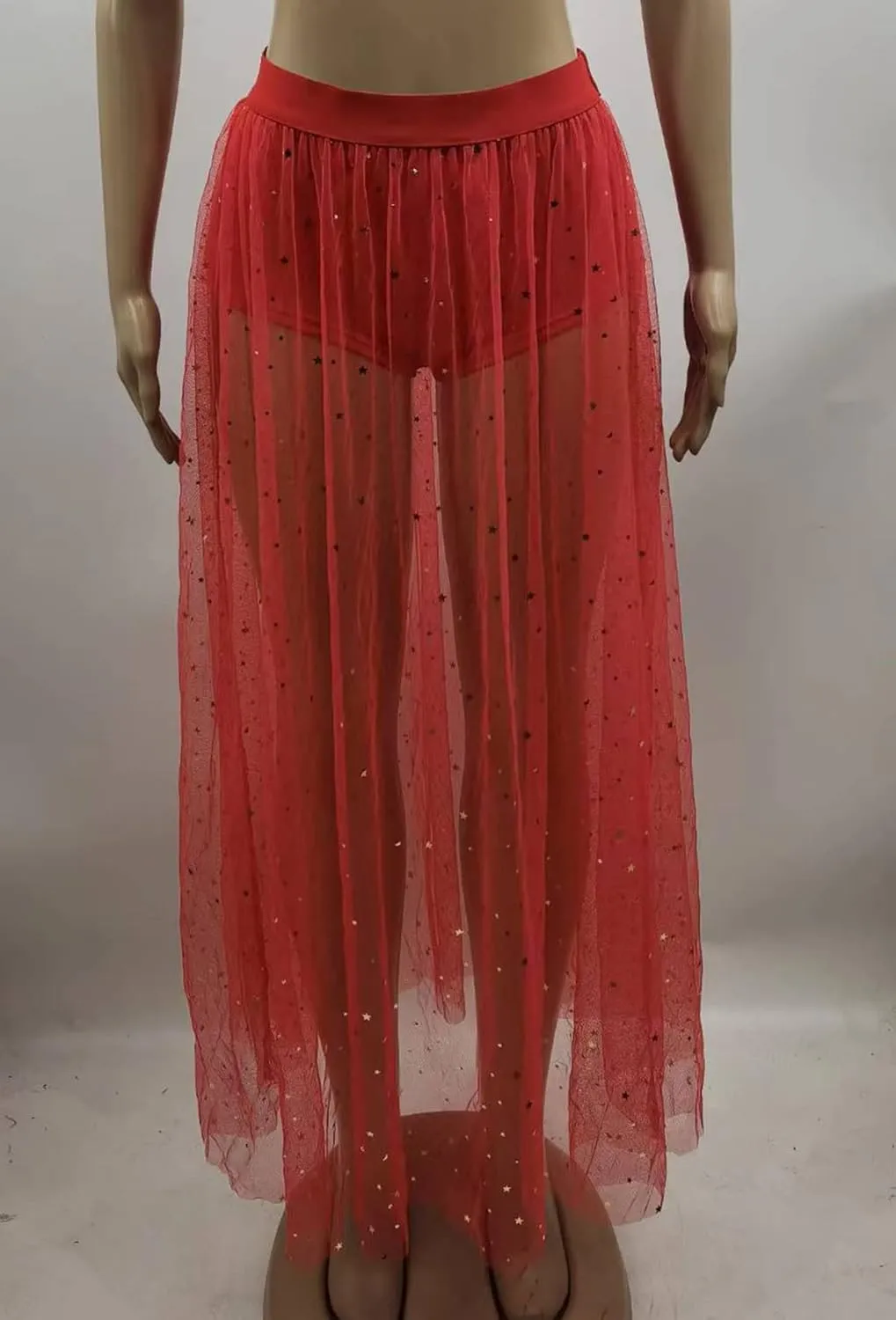 Women Tulle Tutu Long Skirts Wedding Party Cocktail 2 in 1 Galaxy Sheer Mesh Sparkly High Waist Prom Maxi Skirt