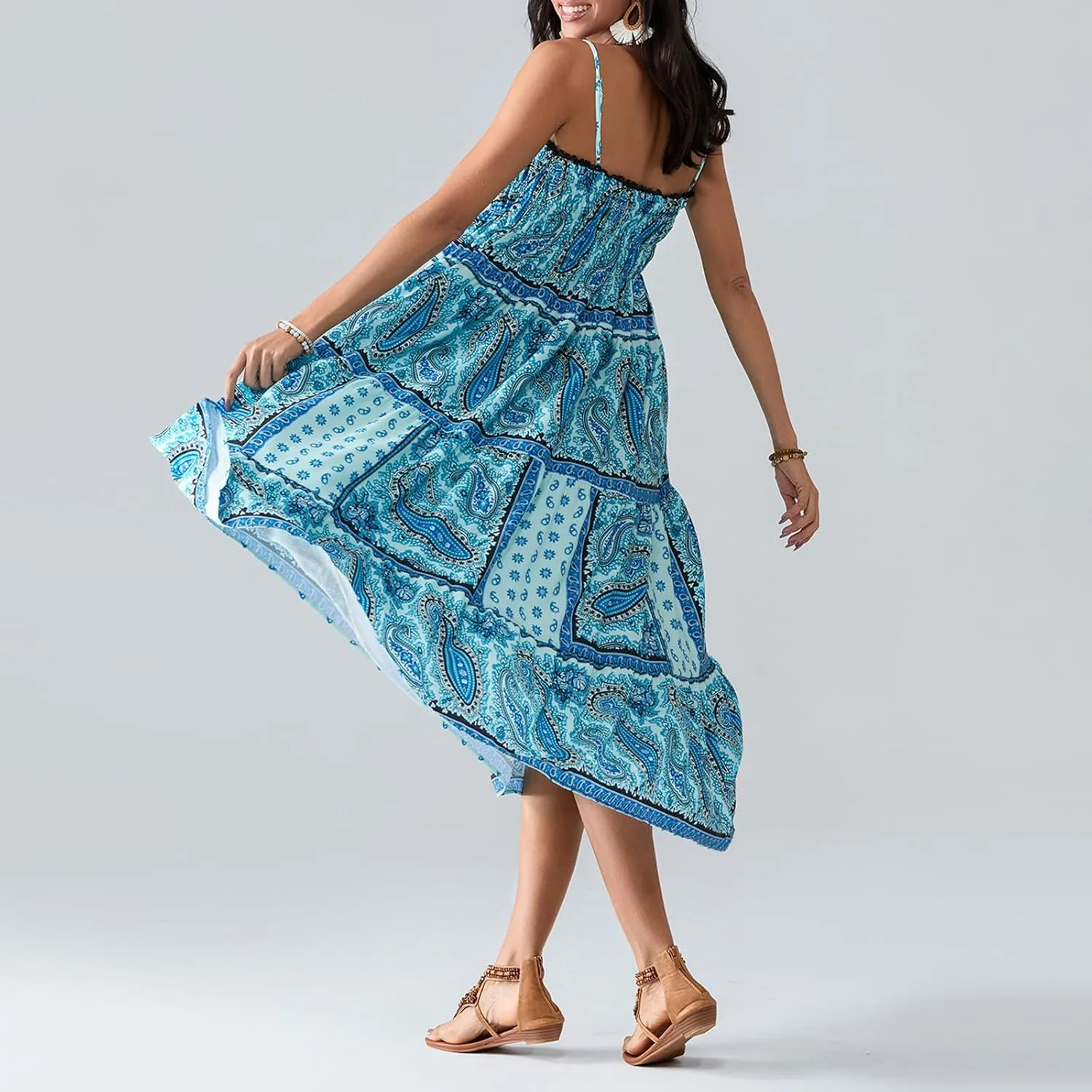 Women Vintage Floral Print Maxi Dress Y2k Spaghetti Strap Sleeveless Tie Back A-Line Dress for Vacation Beach