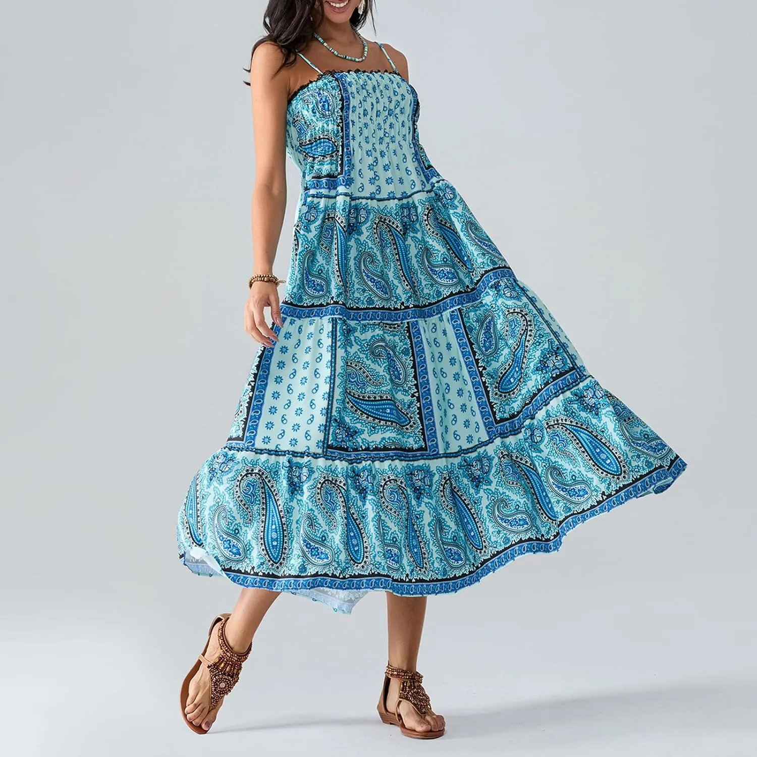 Women Vintage Floral Print Maxi Dress Y2k Spaghetti Strap Sleeveless Tie Back A-Line Dress for Vacation Beach