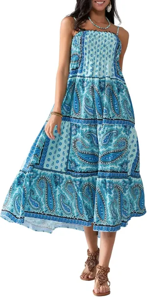 Women Vintage Floral Print Maxi Dress Y2k Spaghetti Strap Sleeveless Tie Back A-Line Dress for Vacation Beach