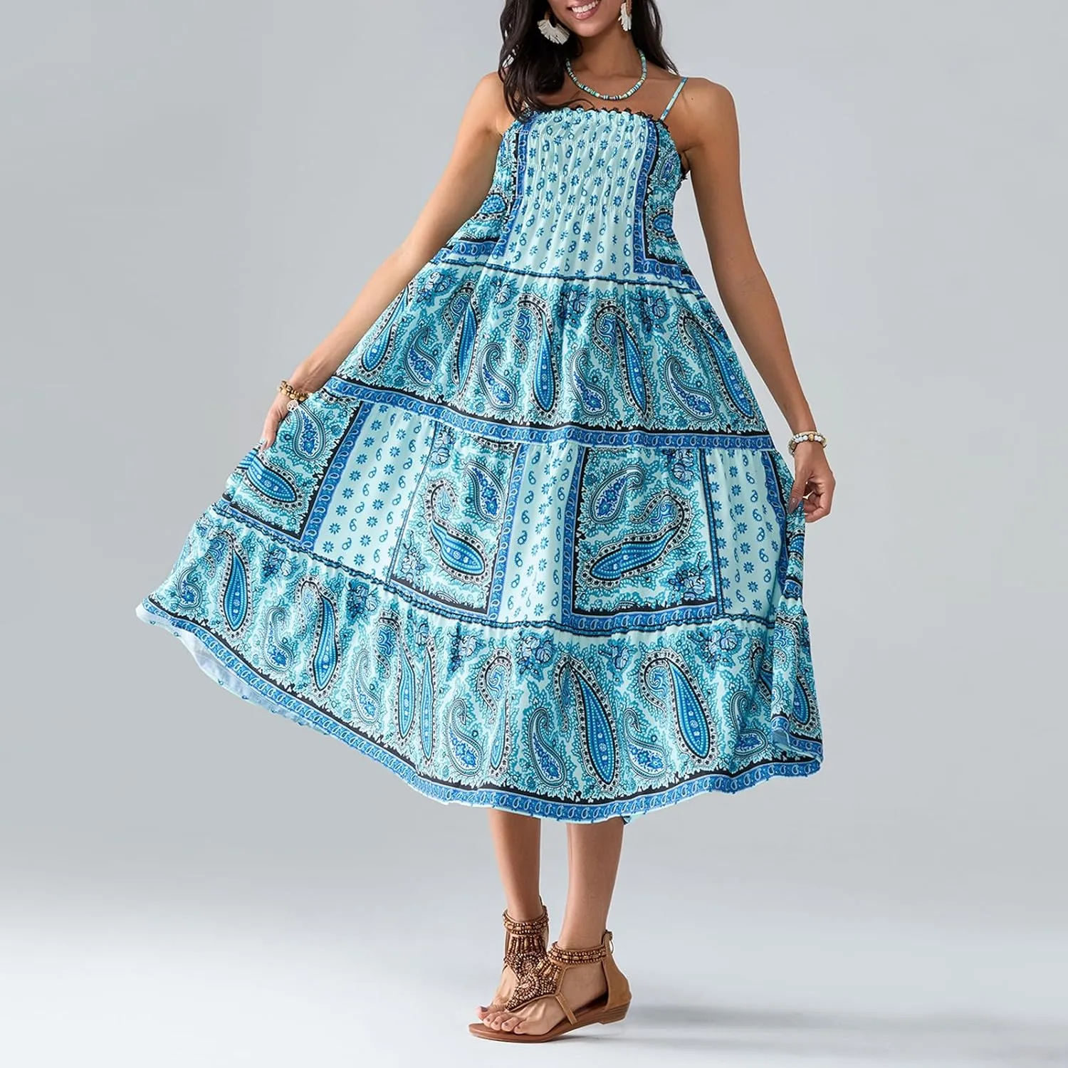 Women Vintage Floral Print Maxi Dress Y2k Spaghetti Strap Sleeveless Tie Back A-Line Dress for Vacation Beach