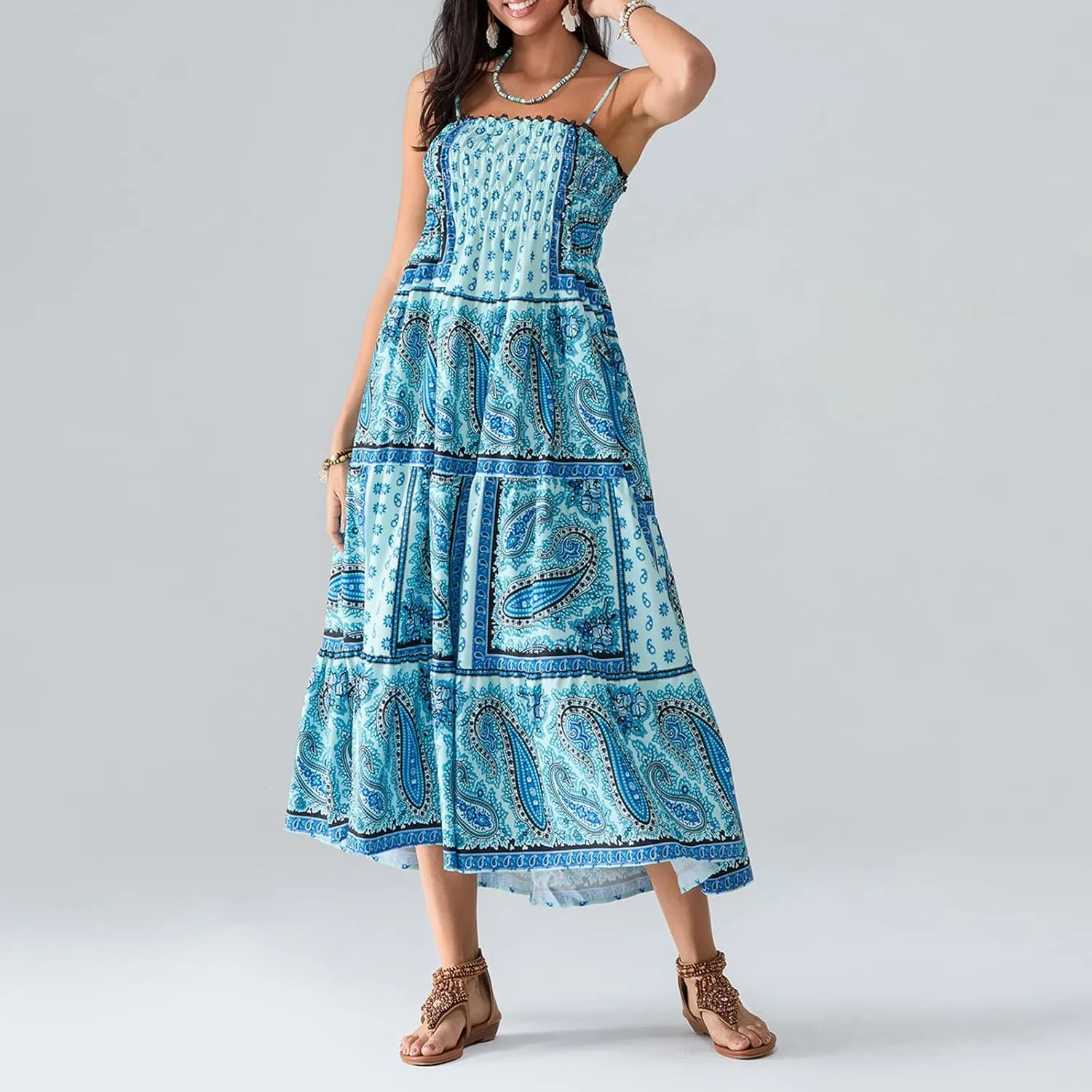 Women Vintage Floral Print Maxi Dress Y2k Spaghetti Strap Sleeveless Tie Back A-Line Dress for Vacation Beach