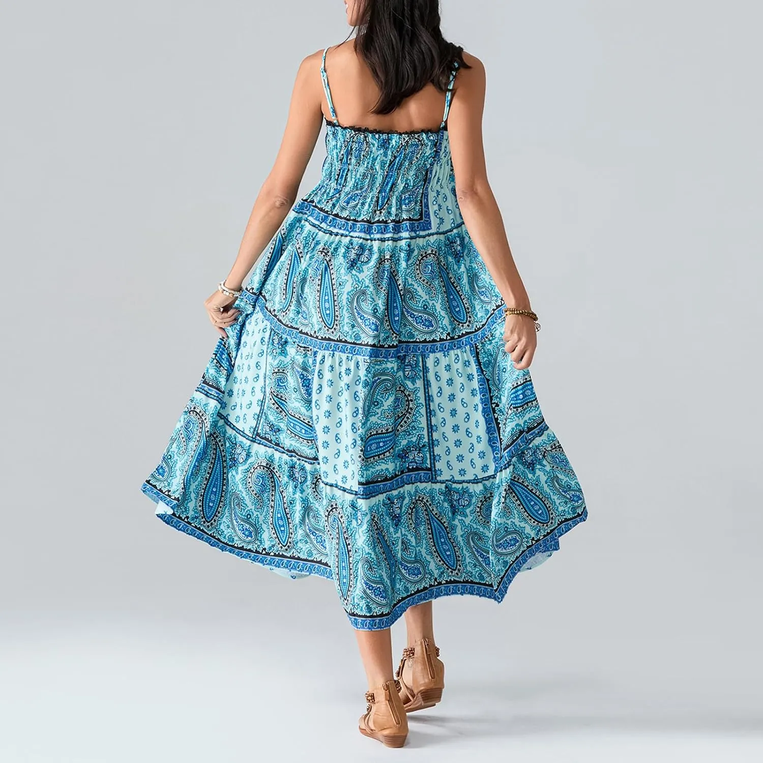 Women Vintage Floral Print Maxi Dress Y2k Spaghetti Strap Sleeveless Tie Back A-Line Dress for Vacation Beach