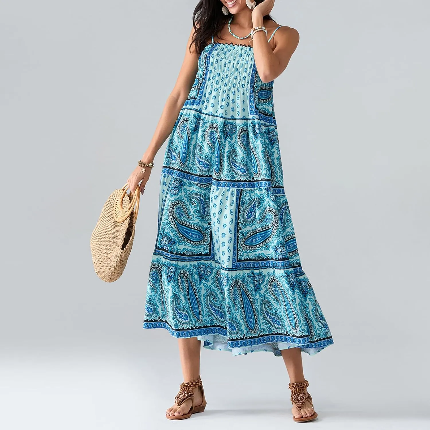 Women Vintage Floral Print Maxi Dress Y2k Spaghetti Strap Sleeveless Tie Back A-Line Dress for Vacation Beach