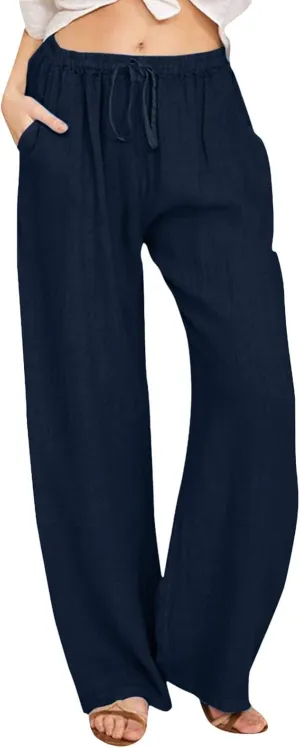 Women Wide Leg Linen Pants Summer Beach Loose Fit Drawstring High Waist Lightweight Cotton Linen Trousers with Pockets