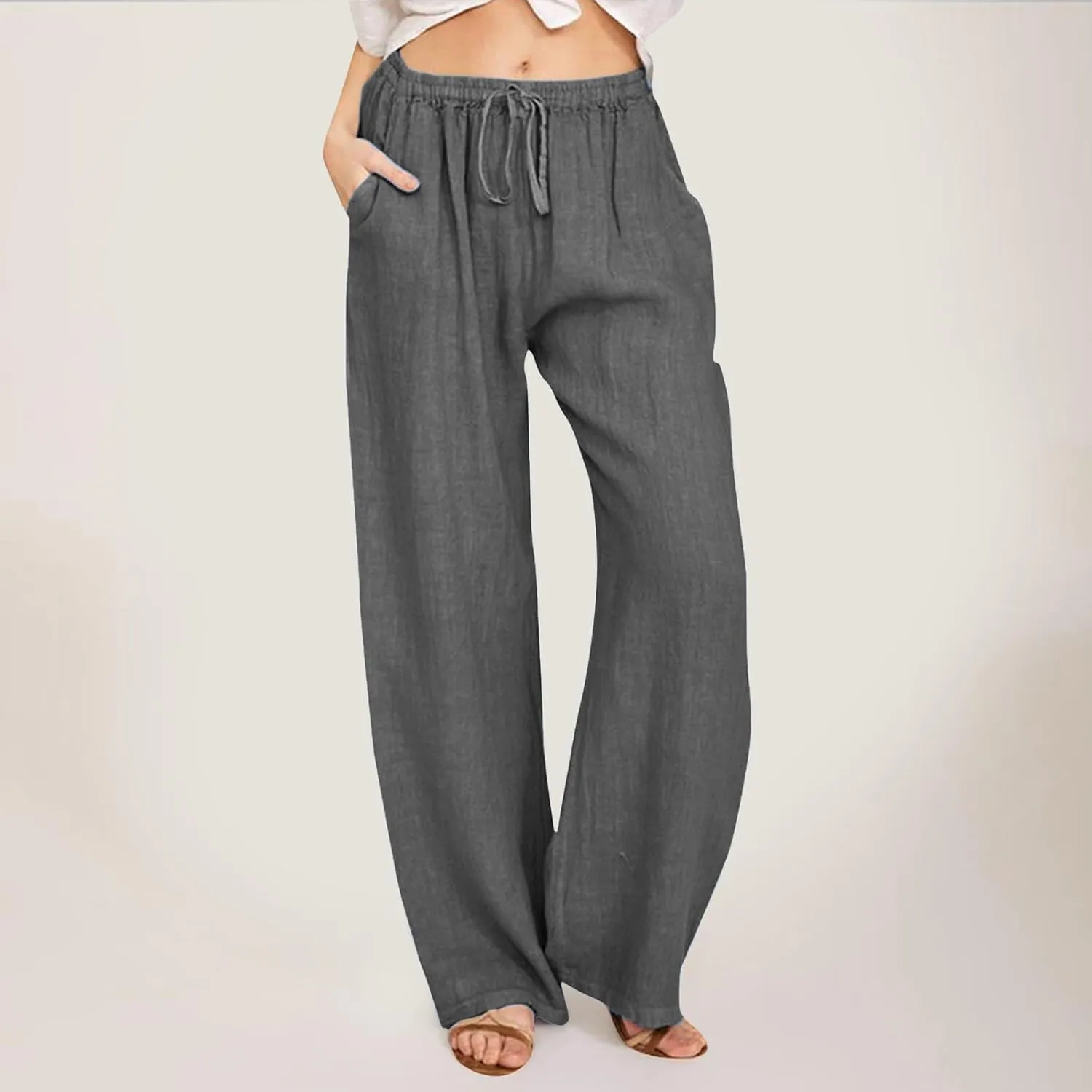 Women Wide Leg Linen Pants Summer Beach Loose Fit Drawstring High Waist Lightweight Cotton Linen Trousers with Pockets