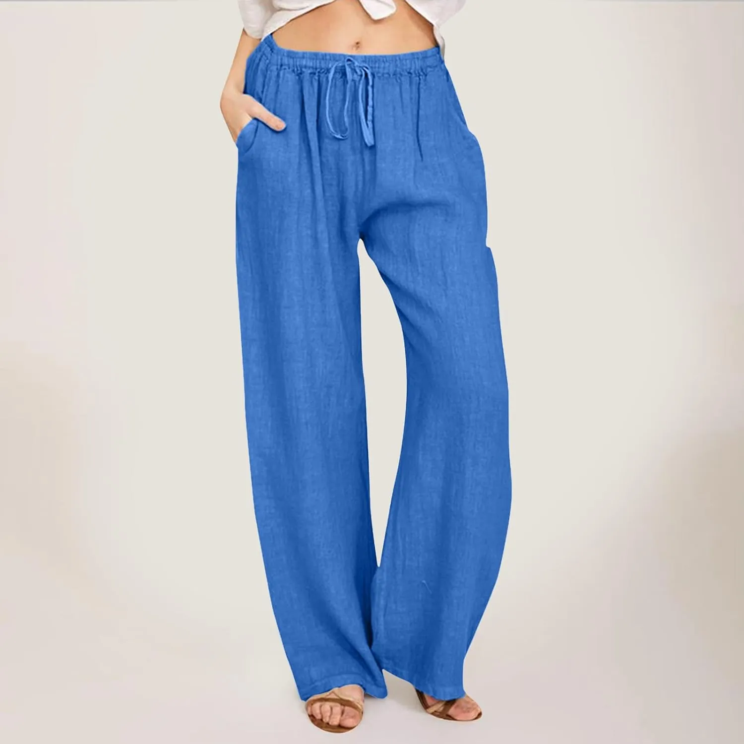 Women Wide Leg Linen Pants Summer Beach Loose Fit Drawstring High Waist Lightweight Cotton Linen Trousers with Pockets