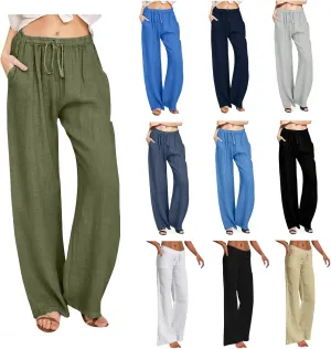 Women Wide Leg Linen Pants Summer Beach Loose Fit Drawstring High Waist Lightweight Cotton Linen Trousers with Pockets