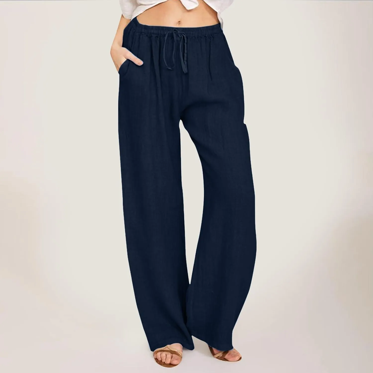 Women Wide Leg Linen Pants Summer Beach Loose Fit Drawstring High Waist Lightweight Cotton Linen Trousers with Pockets