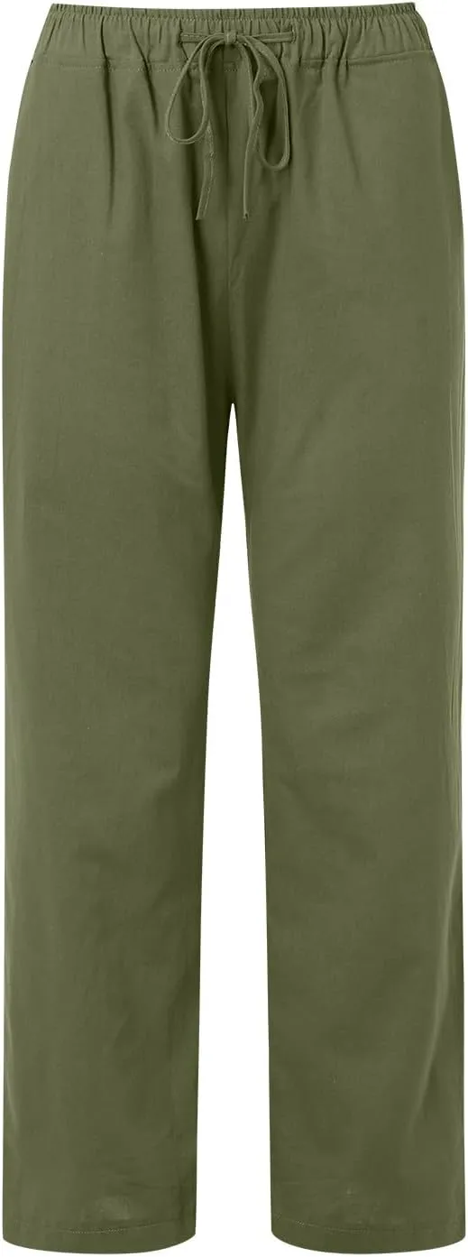 Women Wide Leg Linen Pants Summer Beach Loose Fit Drawstring High Waist Lightweight Cotton Linen Trousers with Pockets