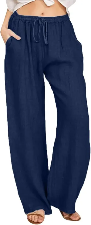 Women Wide Leg Linen Pants Summer Beach Loose Fit Drawstring High Waist Lightweight Cotton Linen Trousers with Pockets