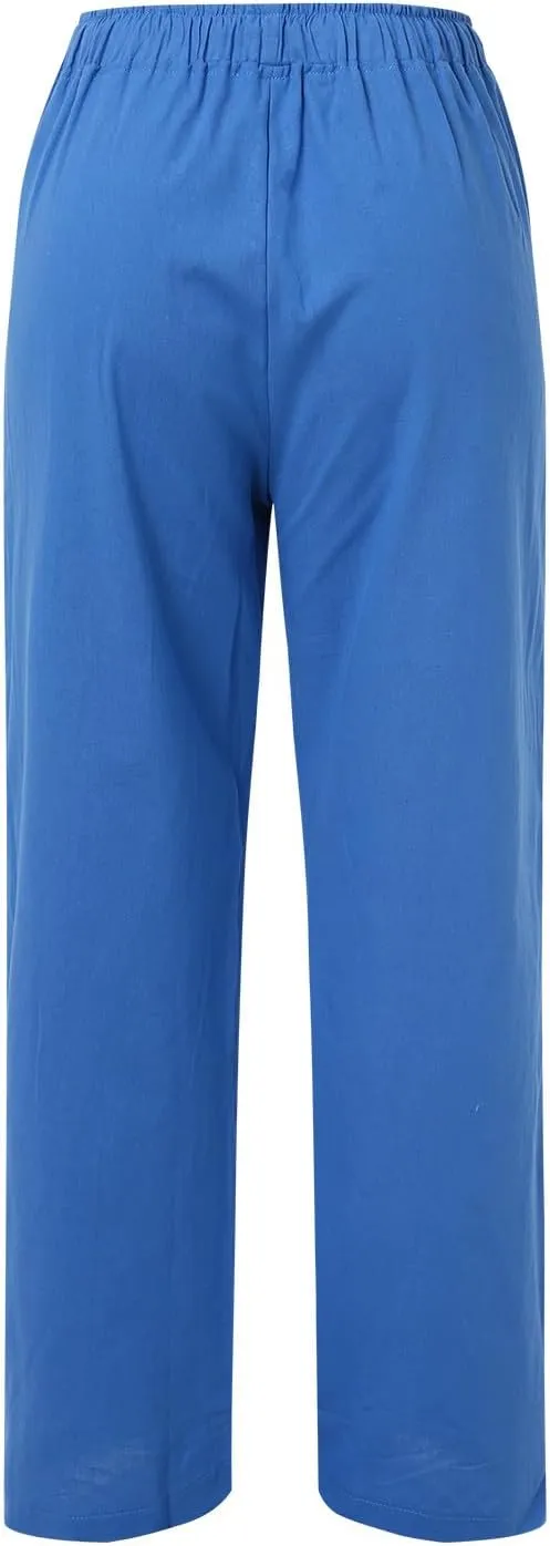 Women Wide Leg Linen Pants Summer Beach Loose Fit Drawstring High Waist Lightweight Cotton Linen Trousers with Pockets