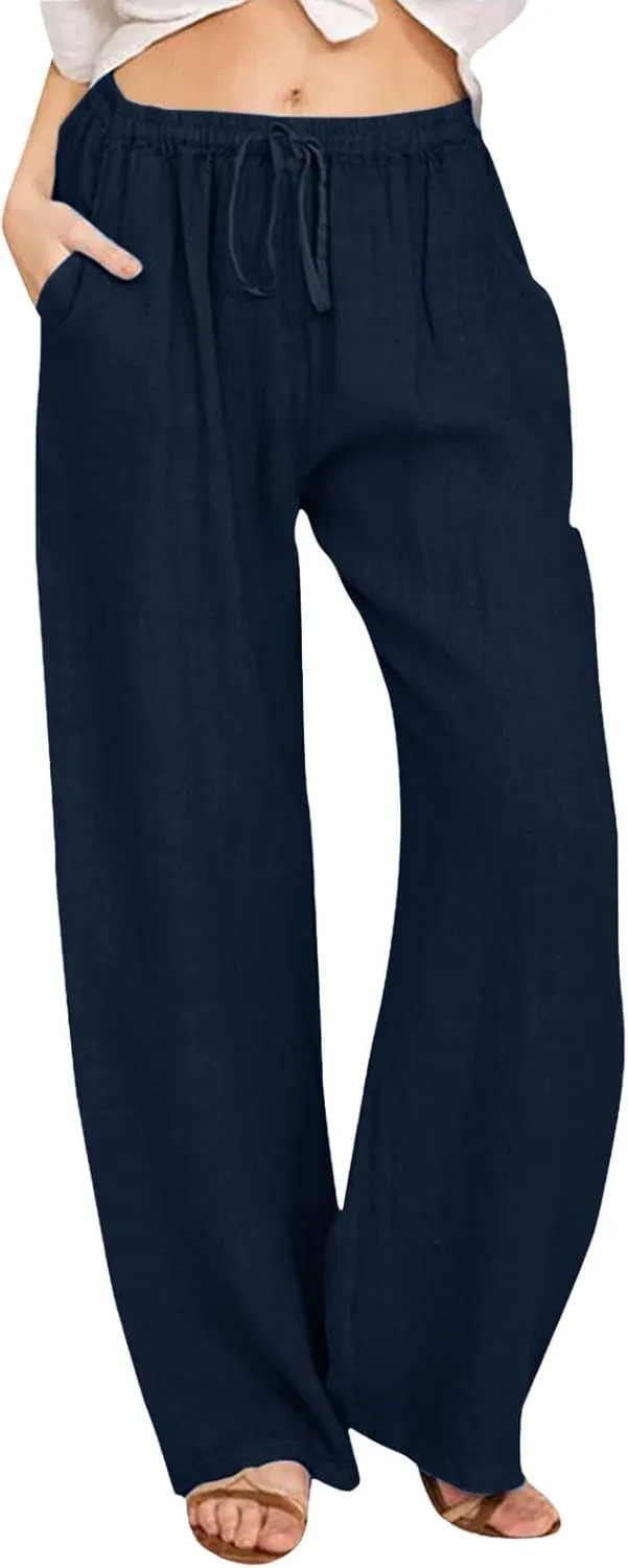 Women Wide Leg Linen Pants Summer Beach Loose Fit Drawstring High Waist Lightweight Cotton Linen Trousers with Pockets
