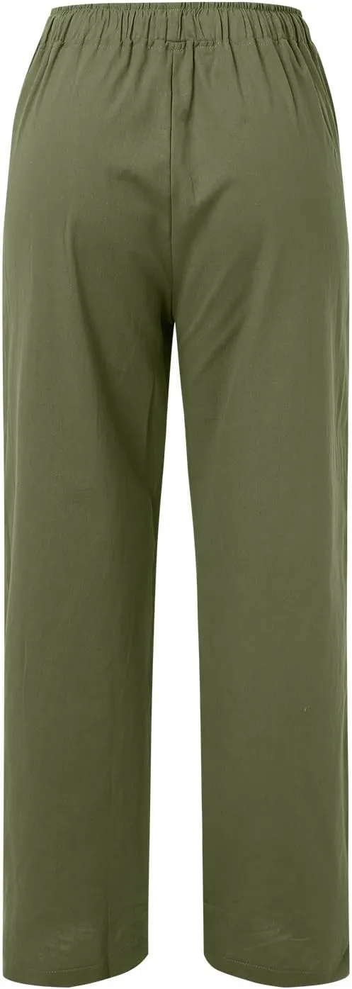 Women Wide Leg Linen Pants Summer Beach Loose Fit Drawstring High Waist Lightweight Cotton Linen Trousers with Pockets