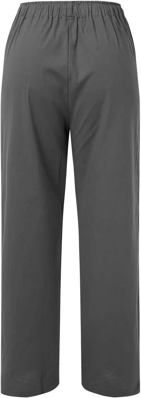 Women Wide Leg Linen Pants Summer Beach Loose Fit Drawstring High Waist Lightweight Cotton Linen Trousers with Pockets