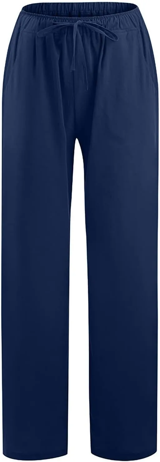 Women Wide Leg Linen Pants Summer Beach Loose Fit Drawstring High Waist Lightweight Cotton Linen Trousers with Pockets