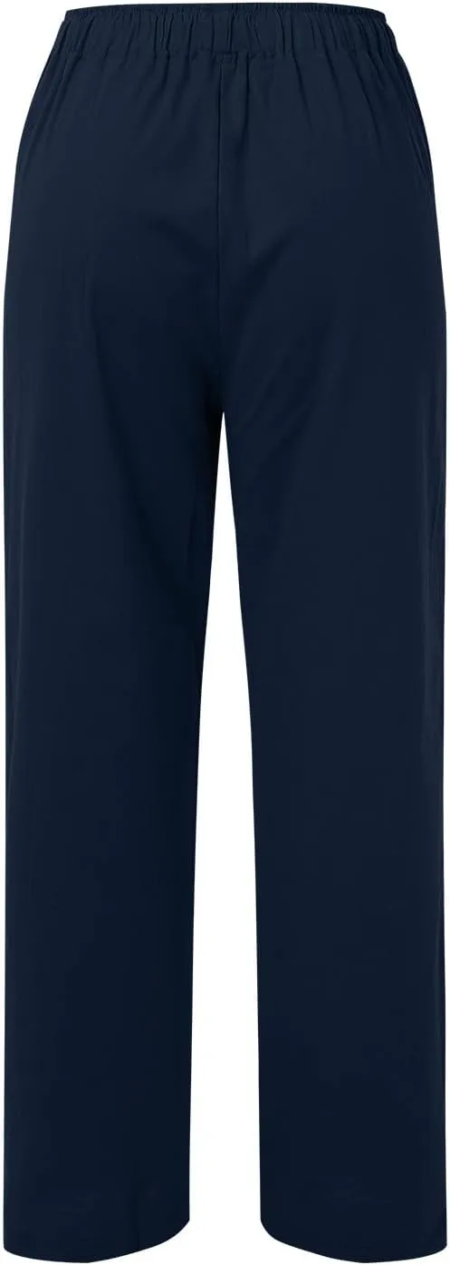 Women Wide Leg Linen Pants Summer Beach Loose Fit Drawstring High Waist Lightweight Cotton Linen Trousers with Pockets