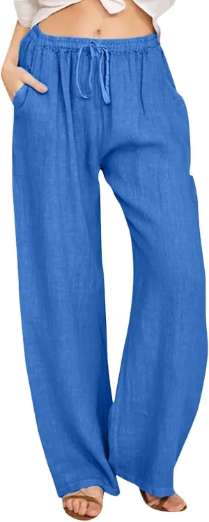 Women Wide Leg Linen Pants Summer Beach Loose Fit Drawstring High Waist Lightweight Cotton Linen Trousers with Pockets