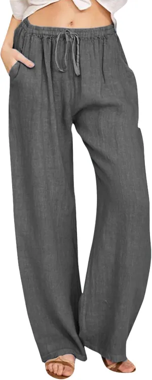 Women Wide Leg Linen Pants Summer Beach Loose Fit Drawstring High Waist Lightweight Cotton Linen Trousers with Pockets