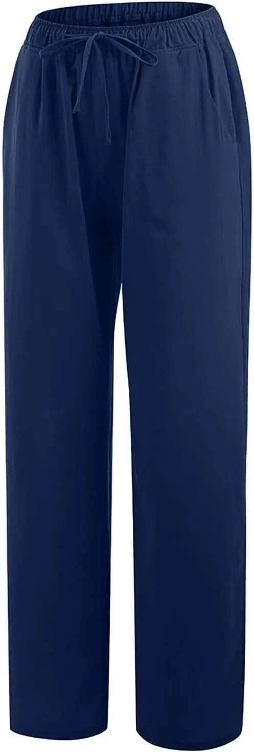 Women Wide Leg Linen Pants Summer Beach Loose Fit Drawstring High Waist Lightweight Cotton Linen Trousers with Pockets