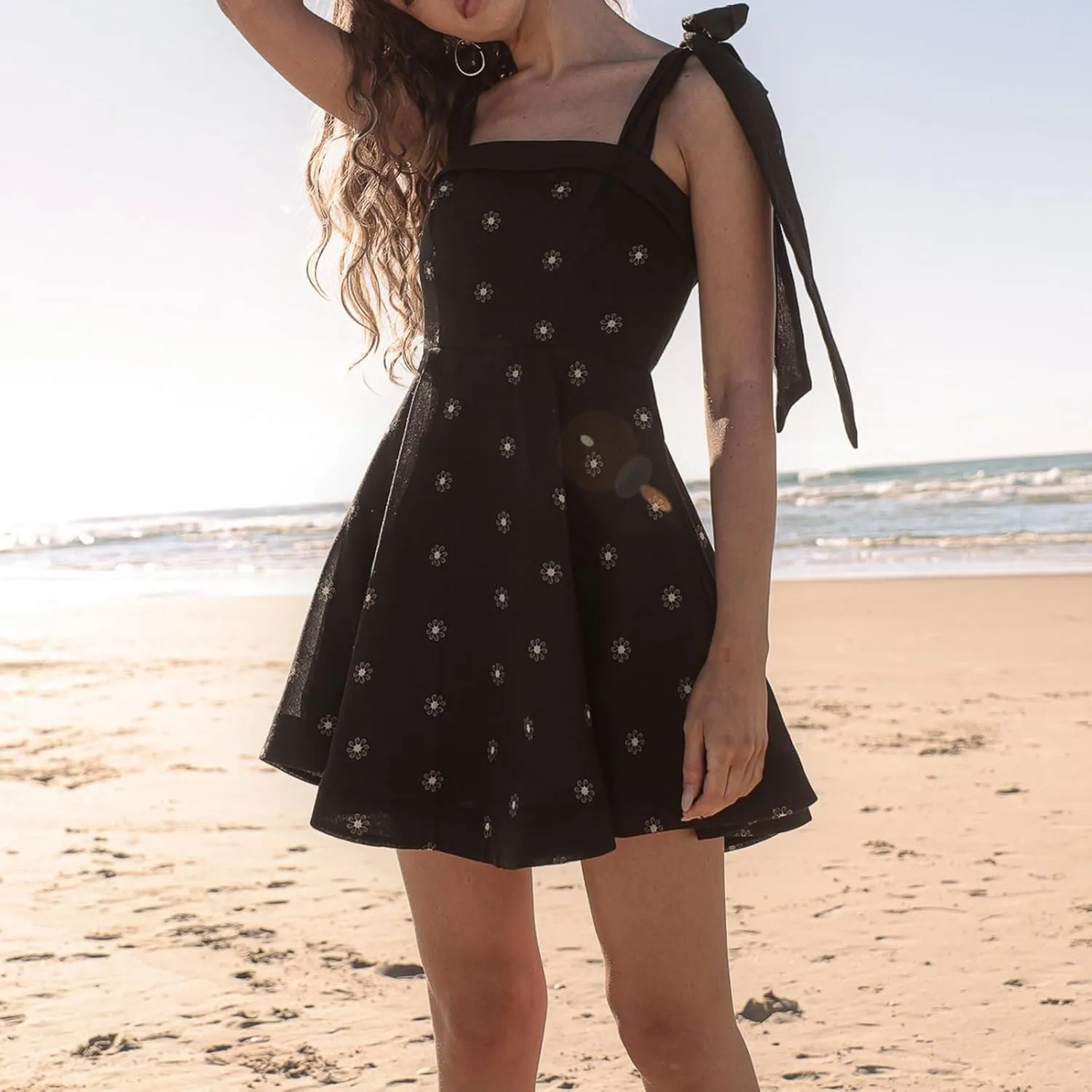 Women Y2k Tie Shoulder Mini Dress Floral Ruffle Flowy Babydoll Dress Summer Cute Bow Strap Boho Short Dresses