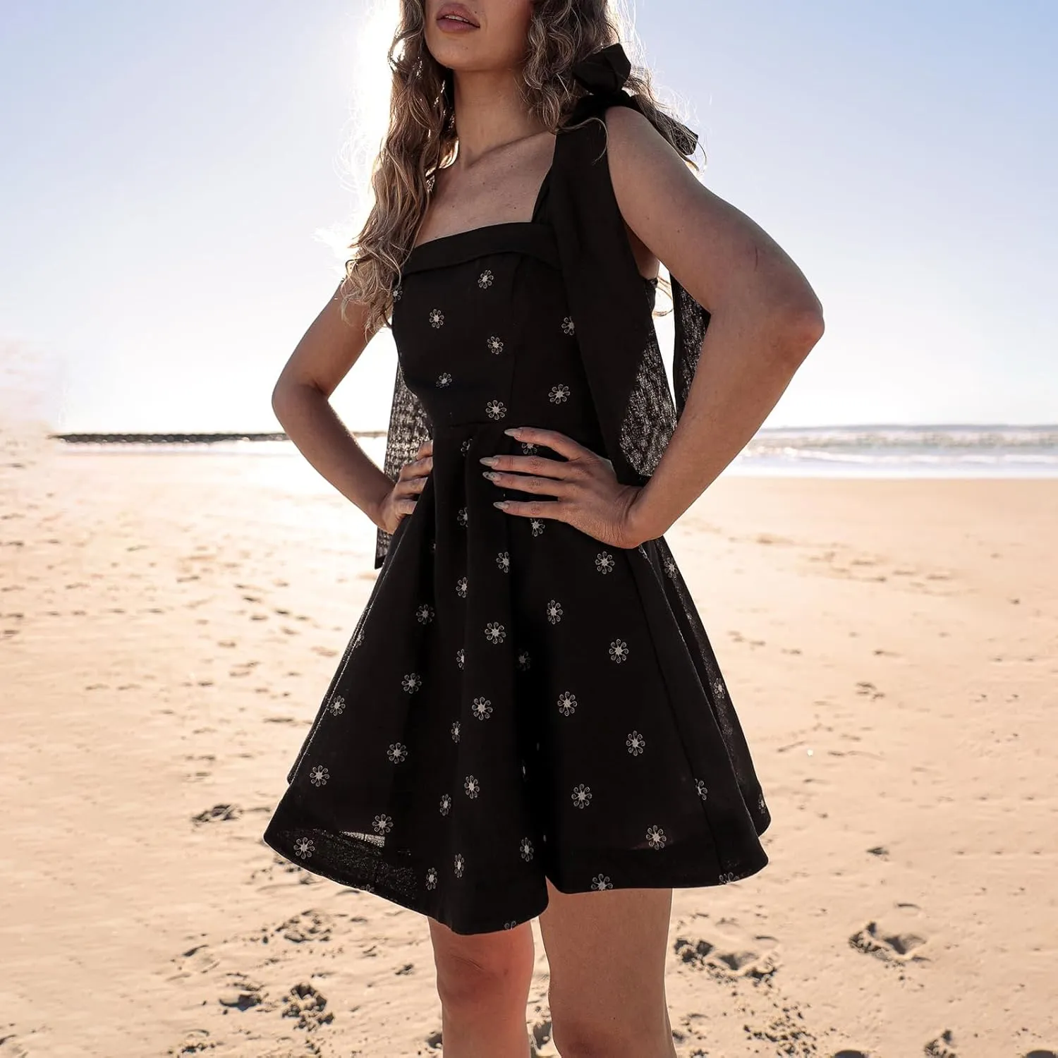 Women Y2k Tie Shoulder Mini Dress Floral Ruffle Flowy Babydoll Dress Summer Cute Bow Strap Boho Short Dresses
