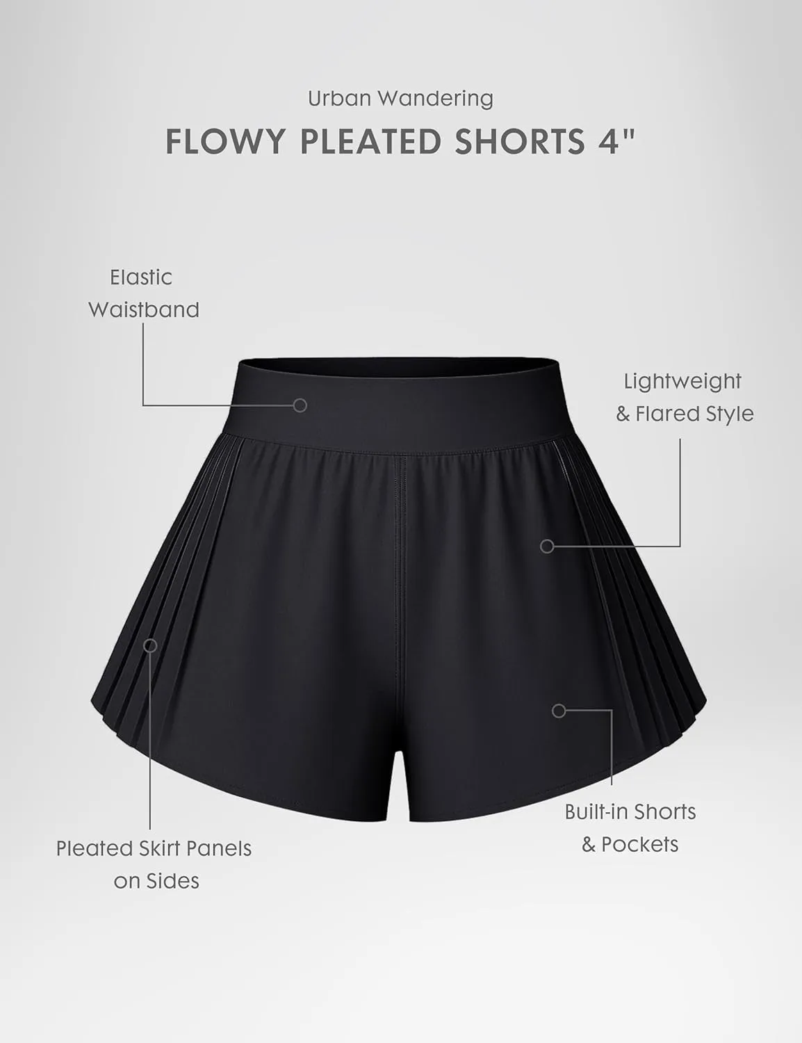 Womens 2 in 1 Flowy Athletic Shorts Pleated Skort Flared A-Line with Pockets 4" Built in Shorts for Tennis Running