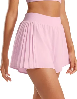 Womens 2 in 1 Flowy Athletic Shorts Pleated Skort Flared A-Line with Pockets 4" Built in Shorts for Tennis Running