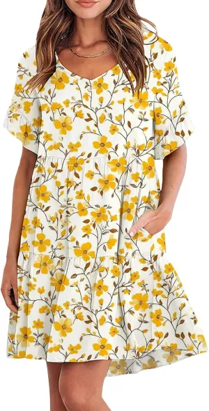 Womens 2025 Casual Dress Smocked V Neck Ruffle Sleeve Empire Waist A-Line Mini Dress with Pockets