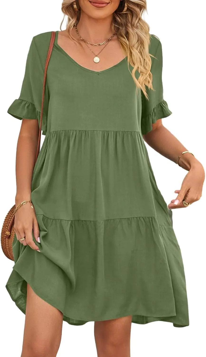 Womens 2025 Casual Dress Smocked V Neck Ruffle Sleeve Empire Waist A-Line Mini Dress with Pockets