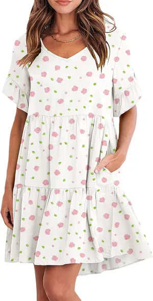 Womens 2025 Casual Dress Smocked V Neck Ruffle Sleeve Empire Waist A-Line Mini Dress with Pockets