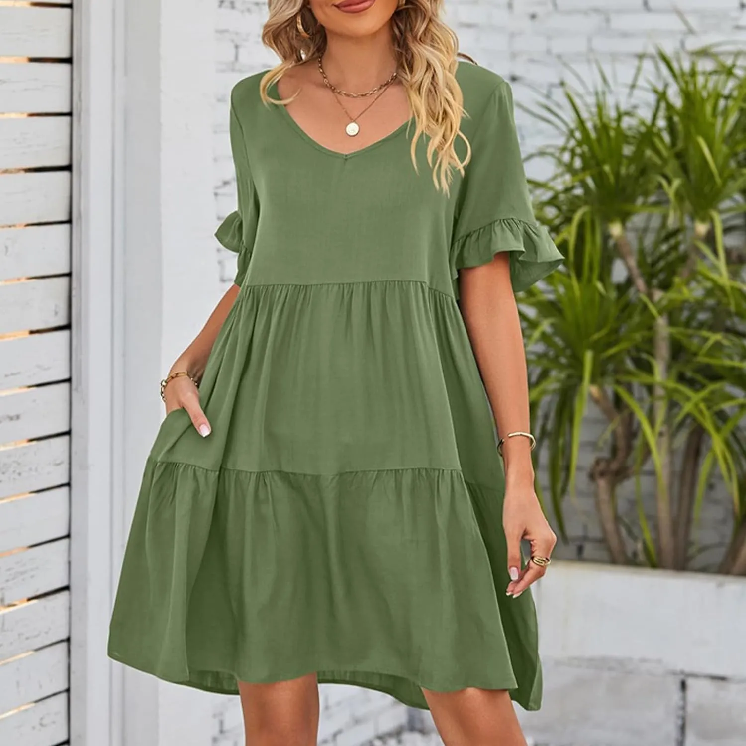 Womens 2025 Casual Dress Smocked V Neck Ruffle Sleeve Empire Waist A-Line Mini Dress with Pockets