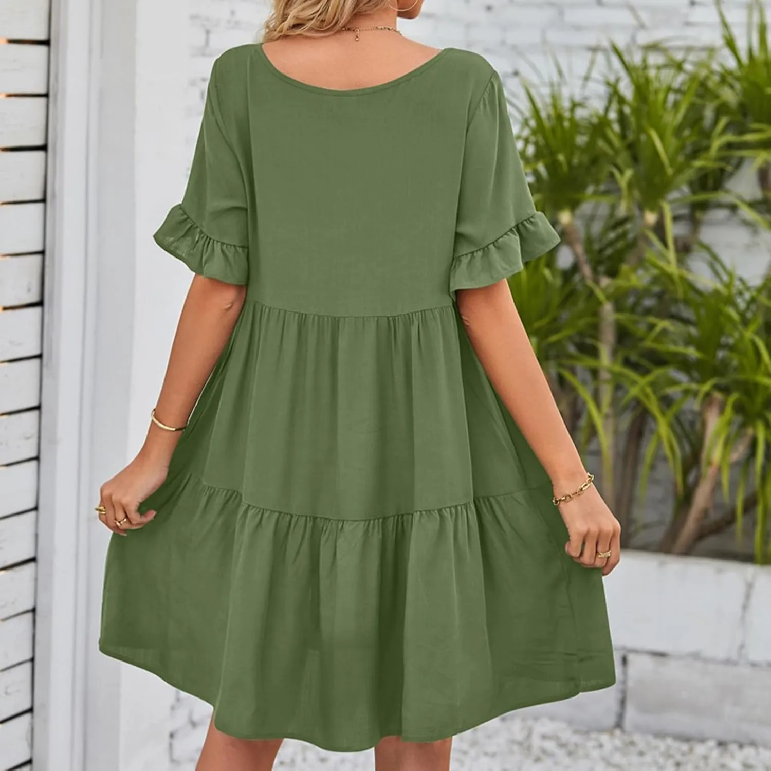 Womens 2025 Casual Dress Smocked V Neck Ruffle Sleeve Empire Waist A-Line Mini Dress with Pockets