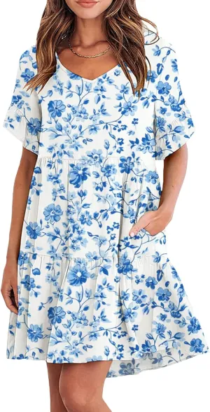 Womens 2025 Casual Dress Smocked V Neck Ruffle Sleeve Empire Waist A-Line Mini Dress with Pockets