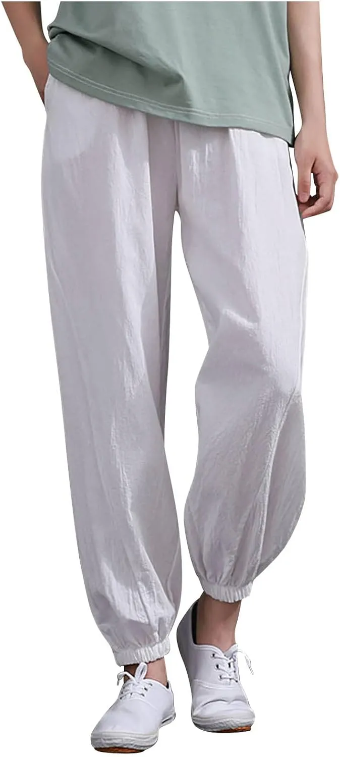Womens 2025 Summer Cotton Linen Pants Elastic Drawstring Casual Trousers with Pockets Beach Straight Leg Lounge Pants