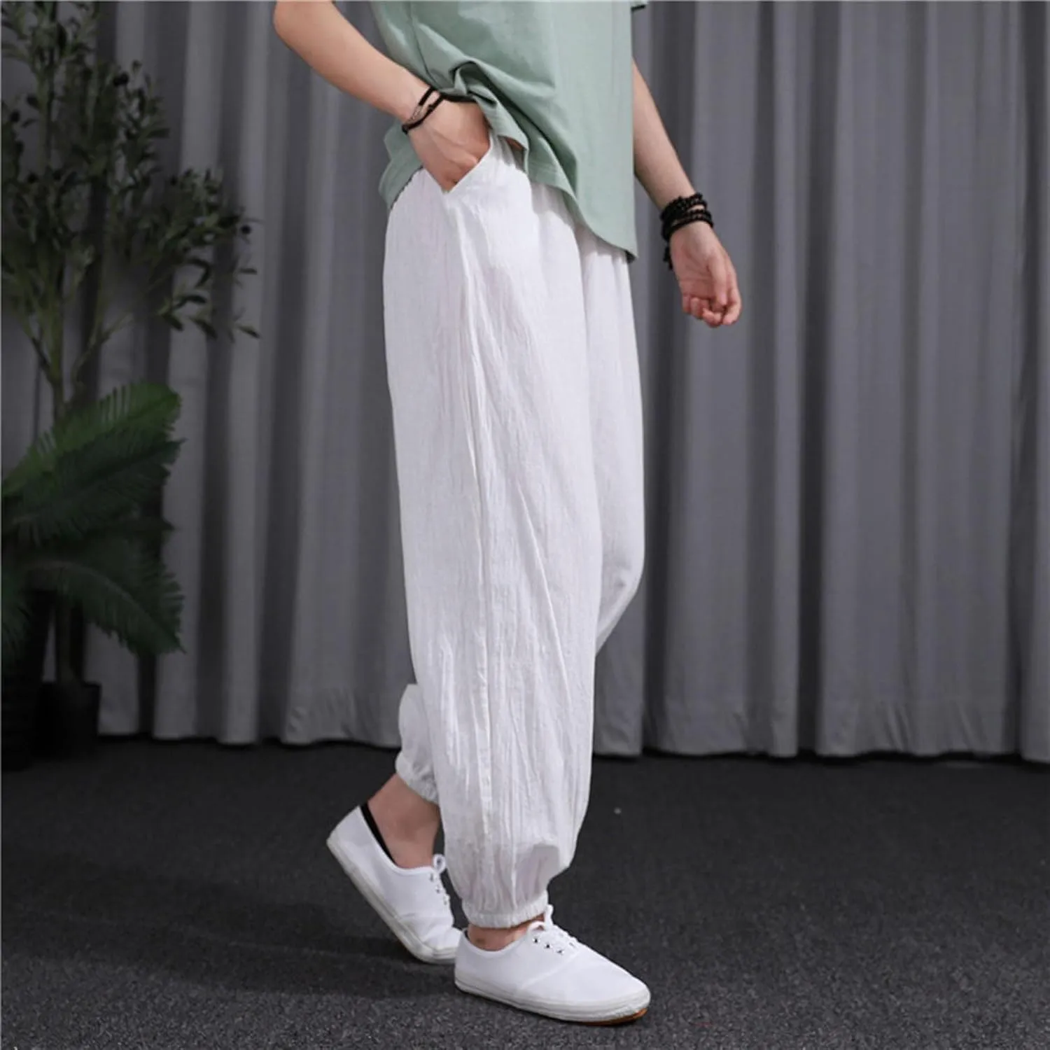 Womens 2025 Summer Cotton Linen Pants Elastic Drawstring Casual Trousers with Pockets Beach Straight Leg Lounge Pants