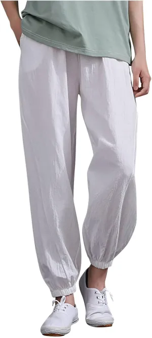 Womens 2025 Summer Cotton Linen Pants Elastic Drawstring Casual Trousers with Pockets Beach Straight Leg Lounge Pants