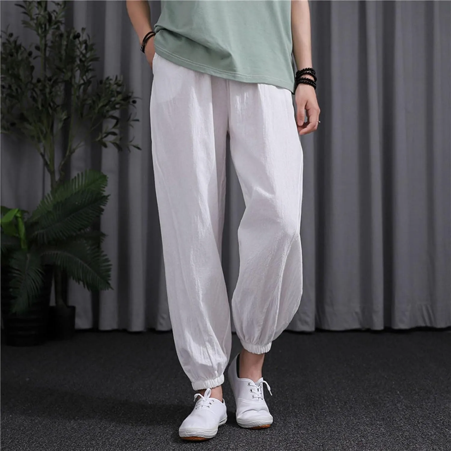 Womens 2025 Summer Cotton Linen Pants Elastic Drawstring Casual Trousers with Pockets Beach Straight Leg Lounge Pants