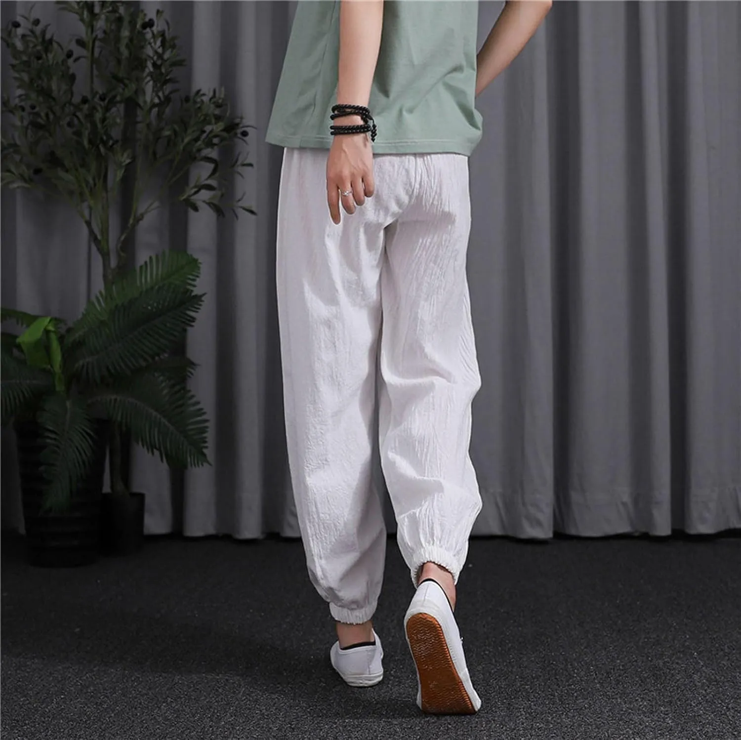 Womens 2025 Summer Cotton Linen Pants Elastic Drawstring Casual Trousers with Pockets Beach Straight Leg Lounge Pants