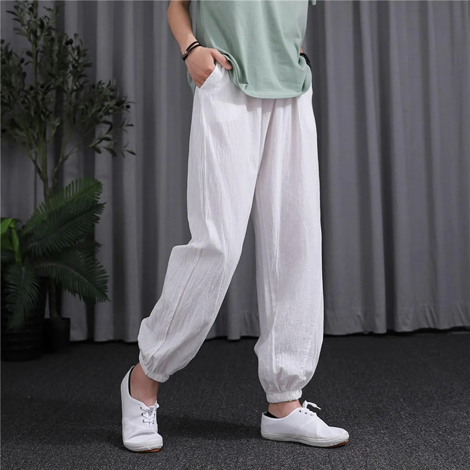 Womens 2025 Summer Cotton Linen Pants Elastic Drawstring Casual Trousers with Pockets Beach Straight Leg Lounge Pants