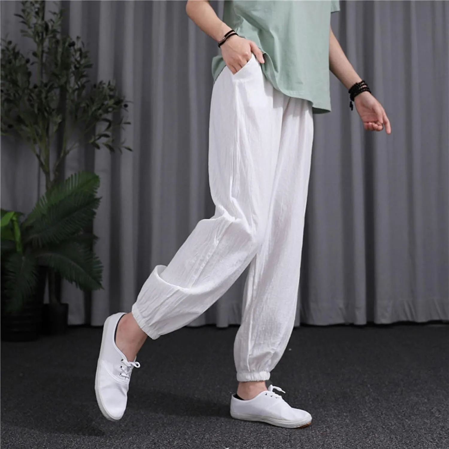 Womens 2025 Summer Cotton Linen Pants Elastic Drawstring Casual Trousers with Pockets Beach Straight Leg Lounge Pants