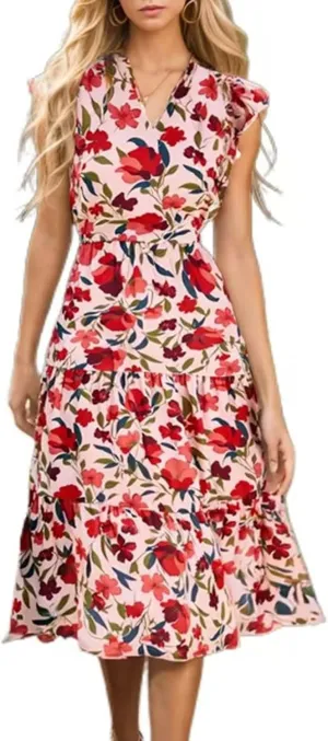 Women's 2025 Summer Floral Midi Dress Cap Sleeve V Neck Ruffle Tiered Flowy Casual Beach Vacation Boho Dresses