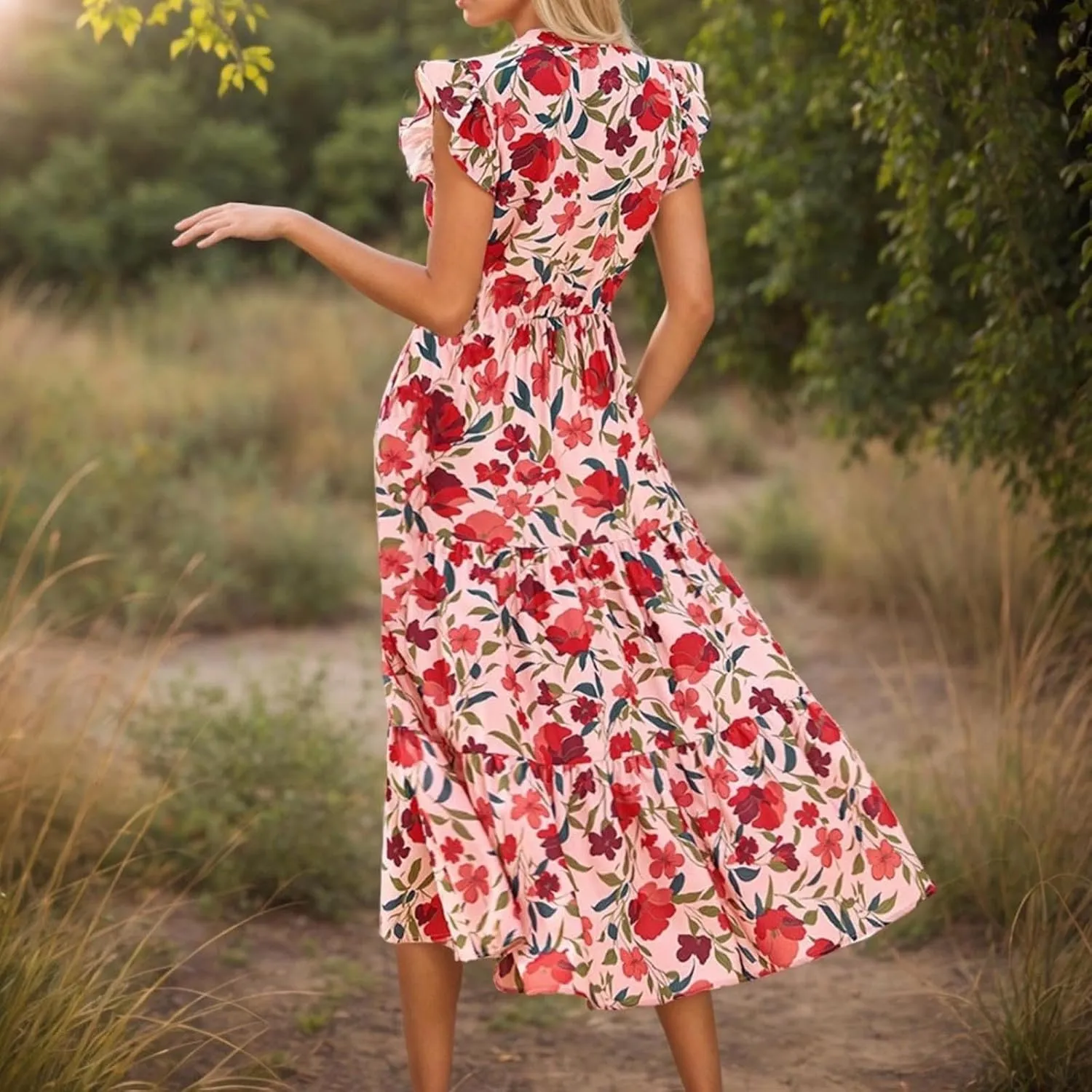 Women's 2025 Summer Floral Midi Dress Cap Sleeve V Neck Ruffle Tiered Flowy Casual Beach Vacation Boho Dresses