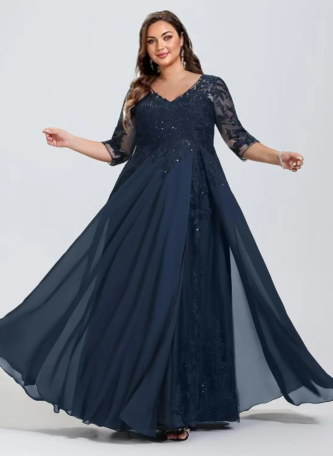Womens 3/4 Sleeve A Line Mother of The Bride Dresses V Neck Sequins Lace Chiffon Wedding Guest Dress Formal Gown