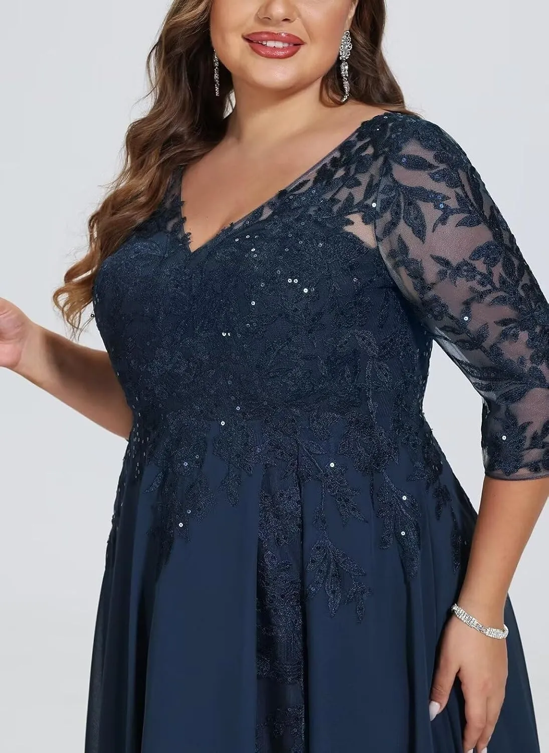 Womens 3/4 Sleeve A Line Mother of The Bride Dresses V Neck Sequins Lace Chiffon Wedding Guest Dress Formal Gown