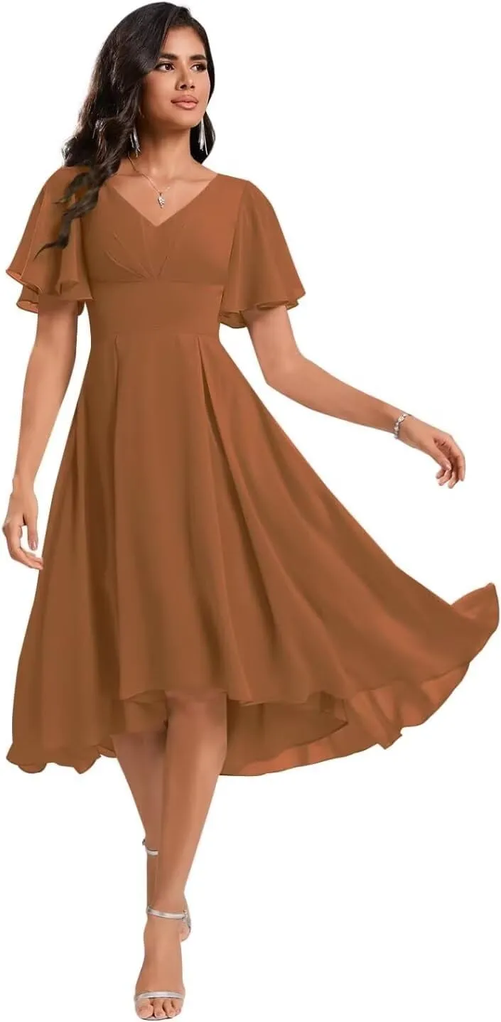 Women's A line Bridesmaid Dresses High Low Chiffon Wedding Guest Dress Ruched V Neck Prom Dress with Sleeve